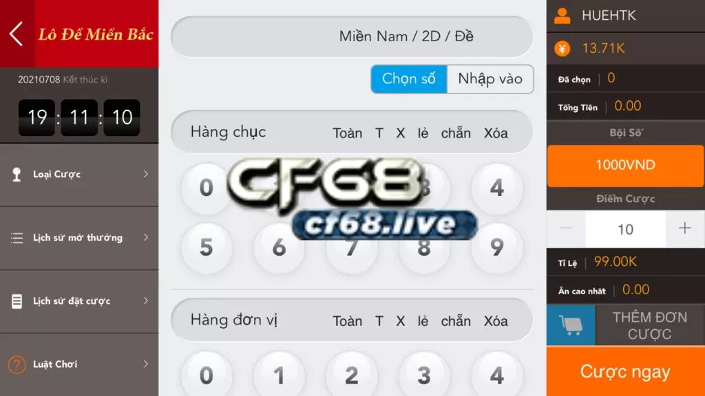 Giao diện đặt cược lô đề cf68